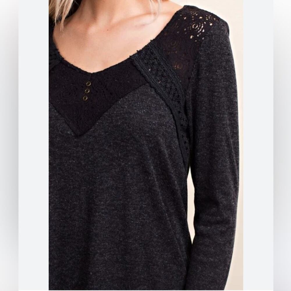 DOWNEAST Love Lace Accent Ribbed Long Sleeve Top XL Grey‎